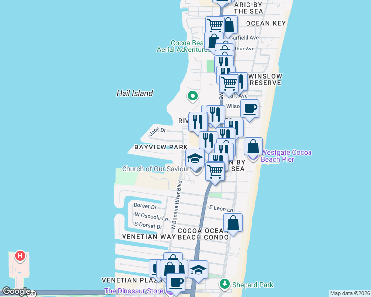 map of restaurants, bars, coffee shops, grocery stores, and more near 5610 North Banana River Boulevard in Cocoa Beach