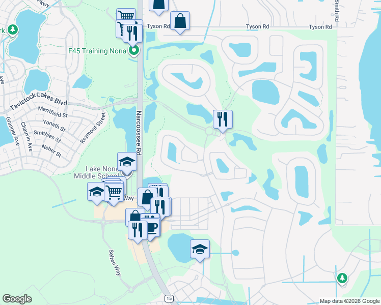 map of restaurants, bars, coffee shops, grocery stores, and more near 8053 Prestbury Drive in Orlando