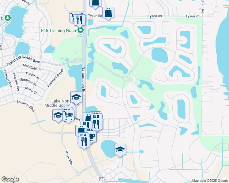 map of restaurants, bars, coffee shops, grocery stores, and more near 8053 Prestbury Drive in Orlando