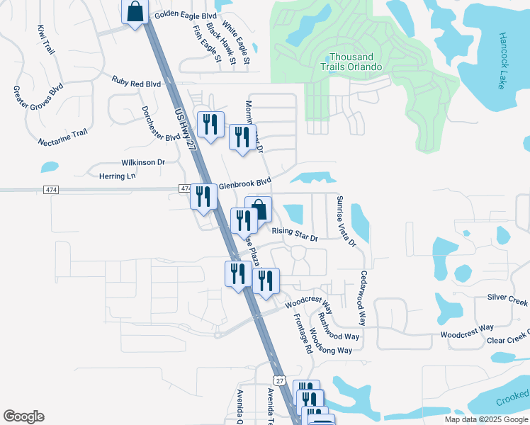 map of restaurants, bars, coffee shops, grocery stores, and more near 1528 Morning Star Drive in Clermont