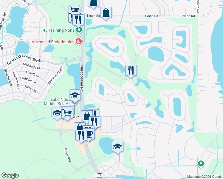 map of restaurants, bars, coffee shops, grocery stores, and more near 8057 Prestbury Drive in Orlando