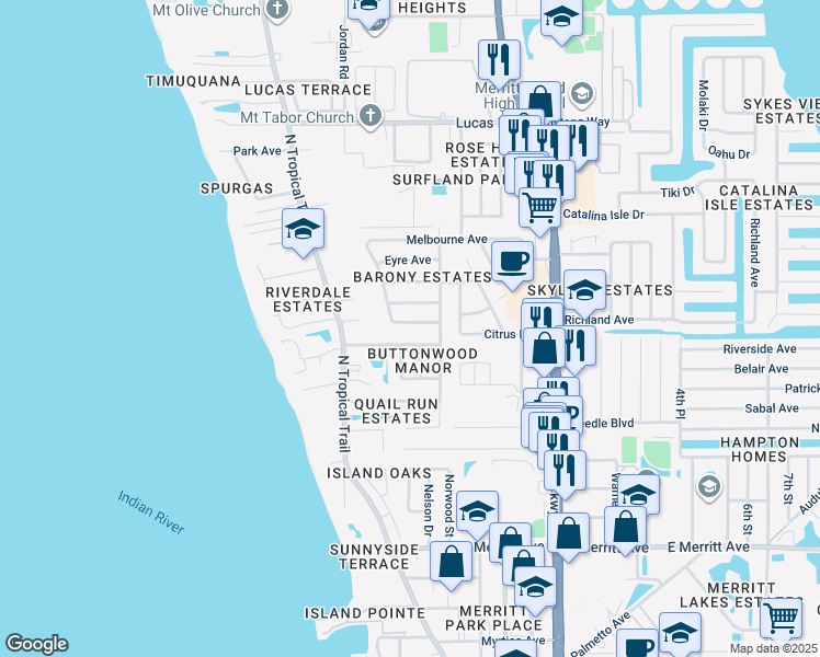 map of restaurants, bars, coffee shops, grocery stores, and more near 255 Coldstream Avenue in Merritt Island