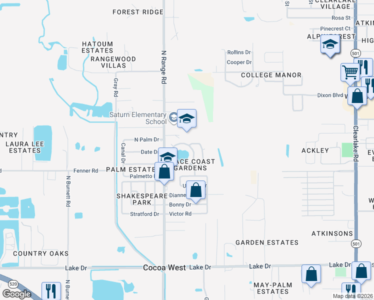 map of restaurants, bars, coffee shops, grocery stores, and more near 707 Venus Drive in Cocoa