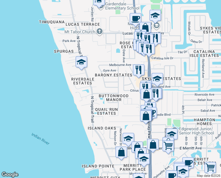 map of restaurants, bars, coffee shops, grocery stores, and more near 255 Viscount Avenue in Merritt Island