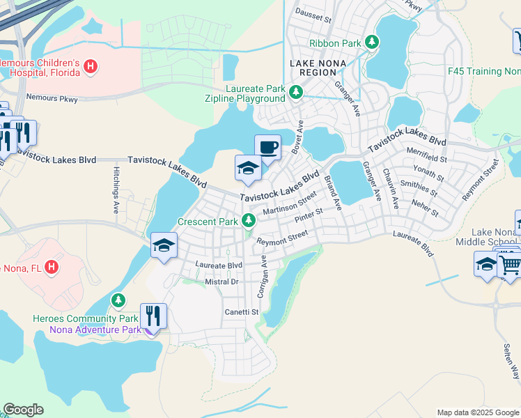 map of restaurants, bars, coffee shops, grocery stores, and more near 8449 Martinson Street in Orlando