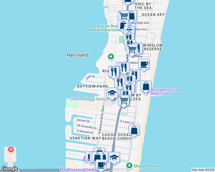 map of restaurants, bars, coffee shops, grocery stores, and more near 5600 North Banana River Boulevard in Cocoa Beach