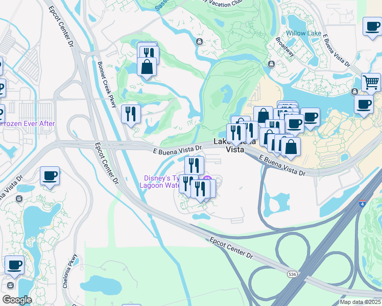 map of restaurants, bars, coffee shops, grocery stores, and more near 1202 Buena Vista Drive in Lake Buena Vista