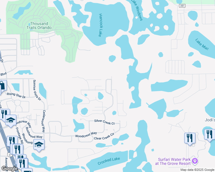 map of restaurants, bars, coffee shops, grocery stores, and more near 17828 Woodcrest Way in Clermont