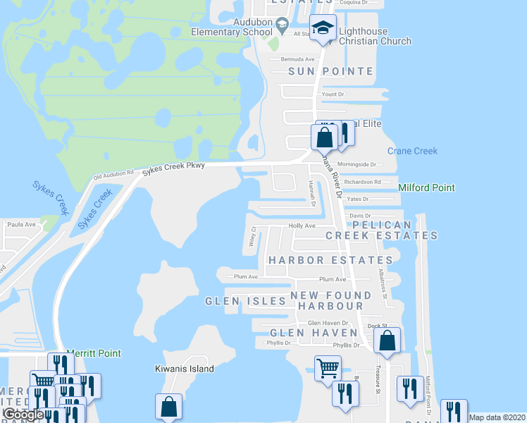 map of restaurants, bars, coffee shops, grocery stores, and more near 1385 Hannah Drive in Merritt Island