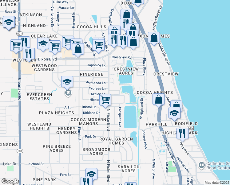 map of restaurants, bars, coffee shops, grocery stores, and more near 1010 North Fiske Boulevard in Cocoa