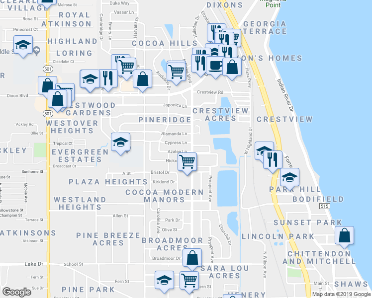 map of restaurants, bars, coffee shops, grocery stores, and more near 1045 Cypress Lane in Cocoa