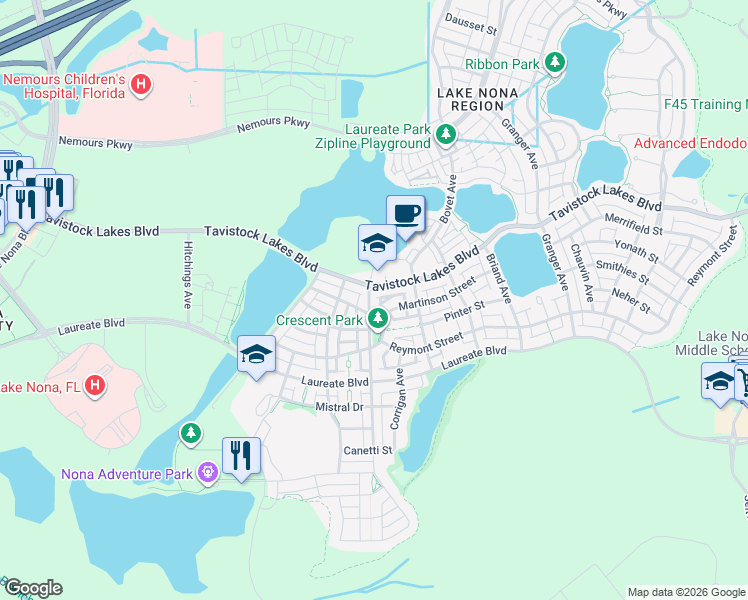 map of restaurants, bars, coffee shops, grocery stores, and more near 8356 Tavistock Lakes Boulevard in Orlando