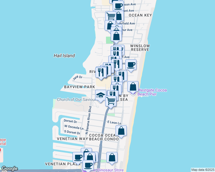 map of restaurants, bars, coffee shops, grocery stores, and more near 5575 North Atlantic Avenue in Cocoa Beach