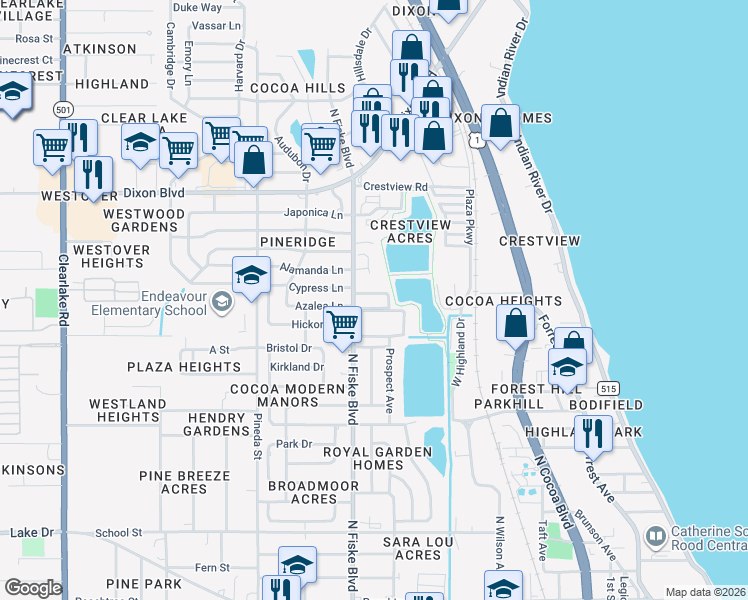 map of restaurants, bars, coffee shops, grocery stores, and more near 1010 North Fiske Boulevard in Cocoa