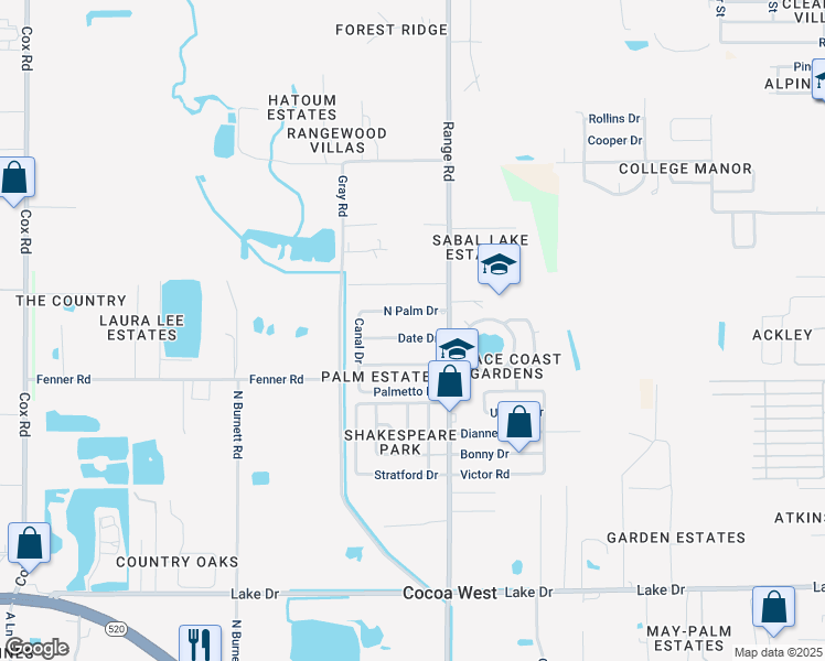 map of restaurants, bars, coffee shops, grocery stores, and more near 2535 North Palm Drive in Cocoa