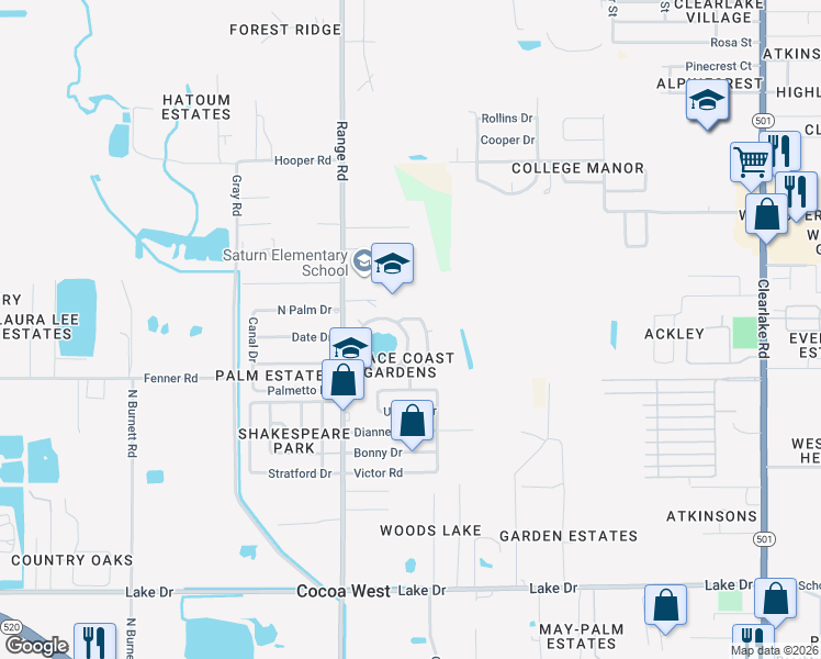 map of restaurants, bars, coffee shops, grocery stores, and more near 707 Venus Drive in Cocoa