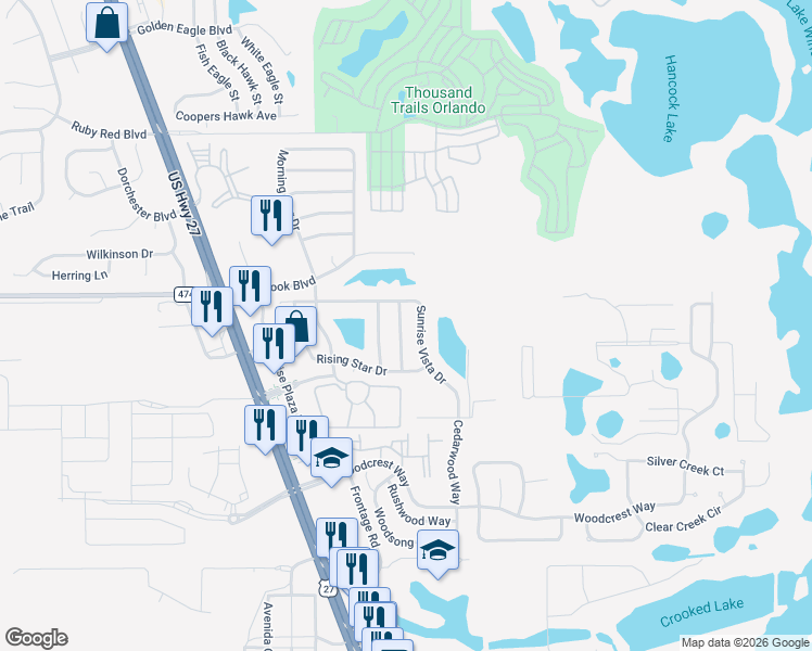 map of restaurants, bars, coffee shops, grocery stores, and more near 1518 Blue Horizon Drive in Clermont