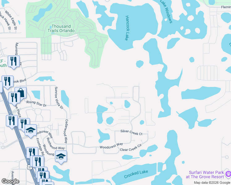 map of restaurants, bars, coffee shops, grocery stores, and more near 17400 Placidity Avenue in Clermont