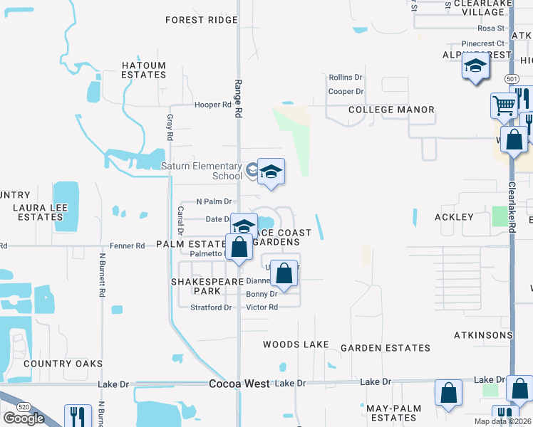 map of restaurants, bars, coffee shops, grocery stores, and more near 713 Lunar Lake Circle in Cocoa
