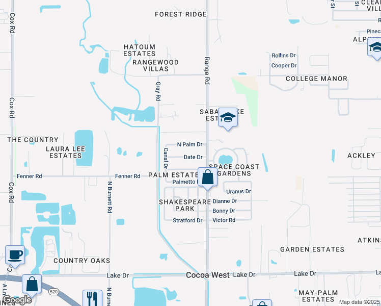 map of restaurants, bars, coffee shops, grocery stores, and more near 2535 North Palm Drive in Cocoa