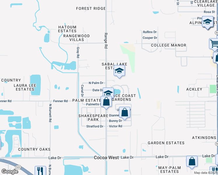 map of restaurants, bars, coffee shops, grocery stores, and more near 709 Lunar Lake Circle in Cocoa
