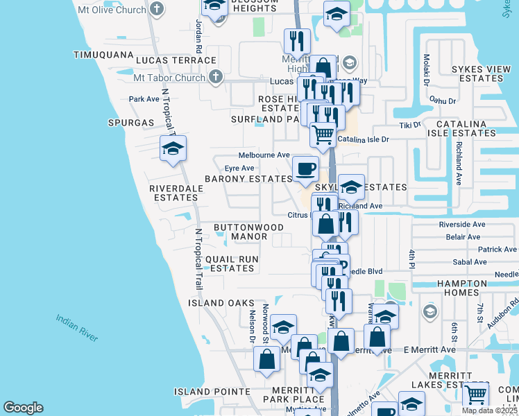 map of restaurants, bars, coffee shops, grocery stores, and more near 201 Viscount Avenue in Merritt Island