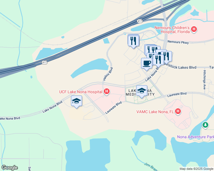 map of restaurants, bars, coffee shops, grocery stores, and more near 6700 Lake Nona Boulevard in Orlando