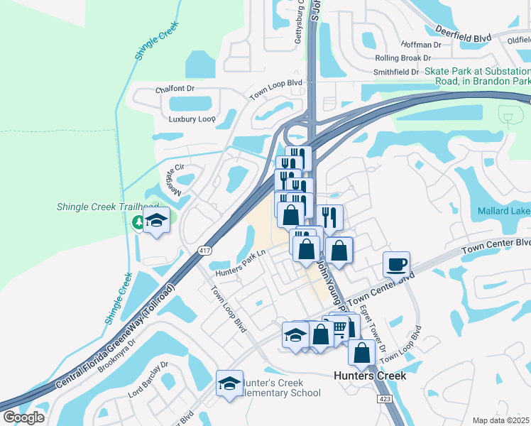 map of restaurants, bars, coffee shops, grocery stores, and more near Central Florida GreeneWay in Orlando