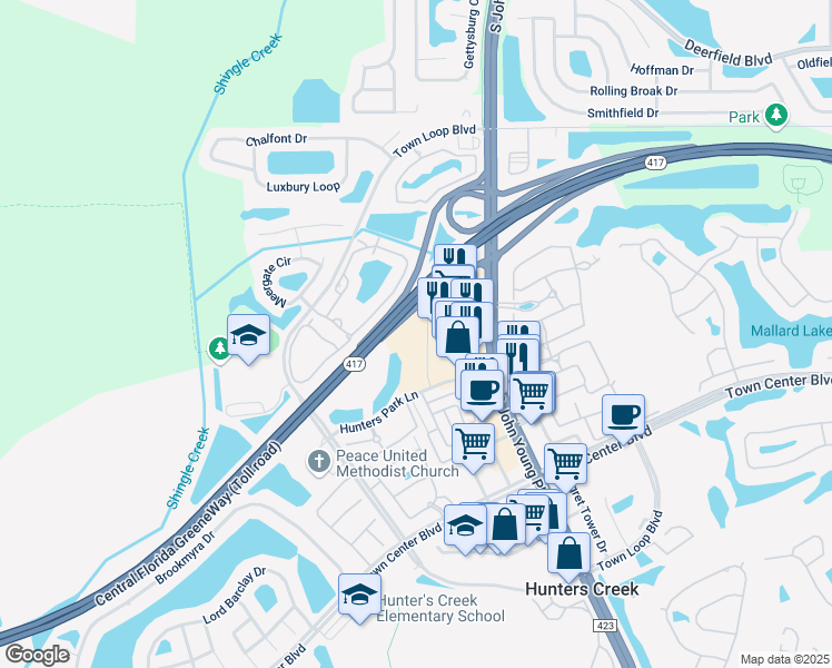 map of restaurants, bars, coffee shops, grocery stores, and more near Central Florida GreeneWay in Orlando