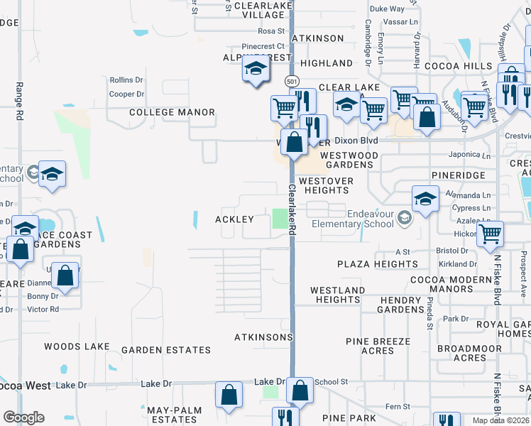 map of restaurants, bars, coffee shops, grocery stores, and more near 1627 Flower Mound Lane in Cocoa