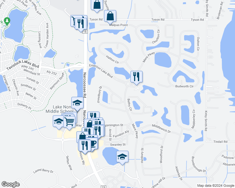 map of restaurants, bars, coffee shops, grocery stores, and more near 8060 Prestbury Drive in Orlando