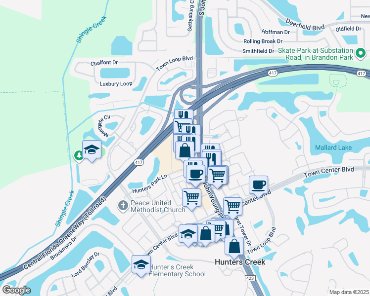 map of restaurants, bars, coffee shops, grocery stores, and more near 13538 Village Park Drive in Orlando