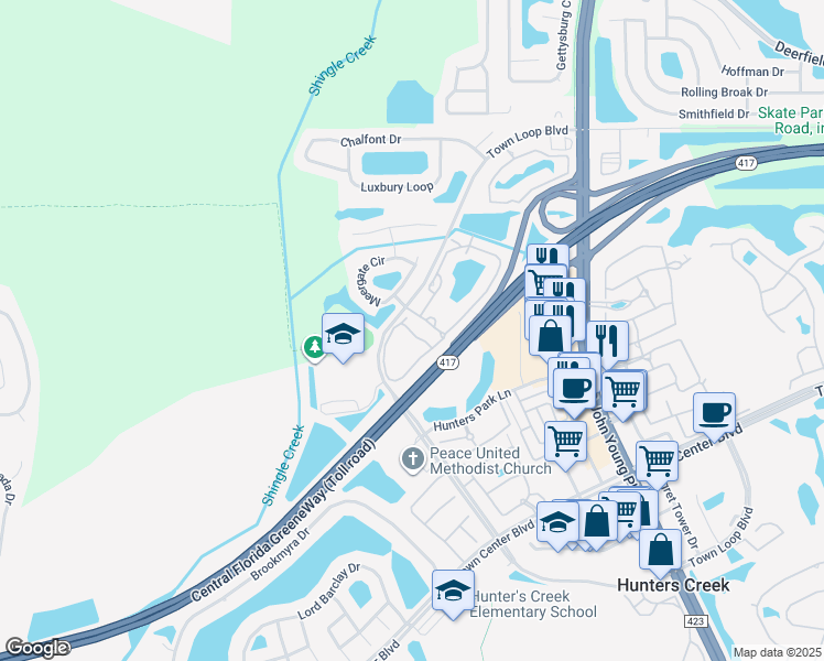 map of restaurants, bars, coffee shops, grocery stores, and more near 13373 Twinwood Lane in Orlando