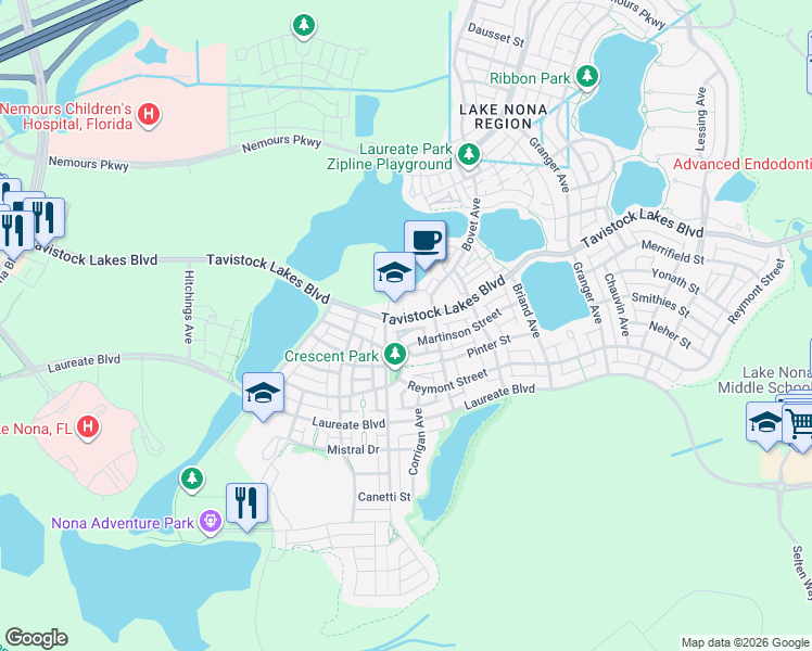 map of restaurants, bars, coffee shops, grocery stores, and more near 8356 Tavistock Lakes Boulevard in Orlando
