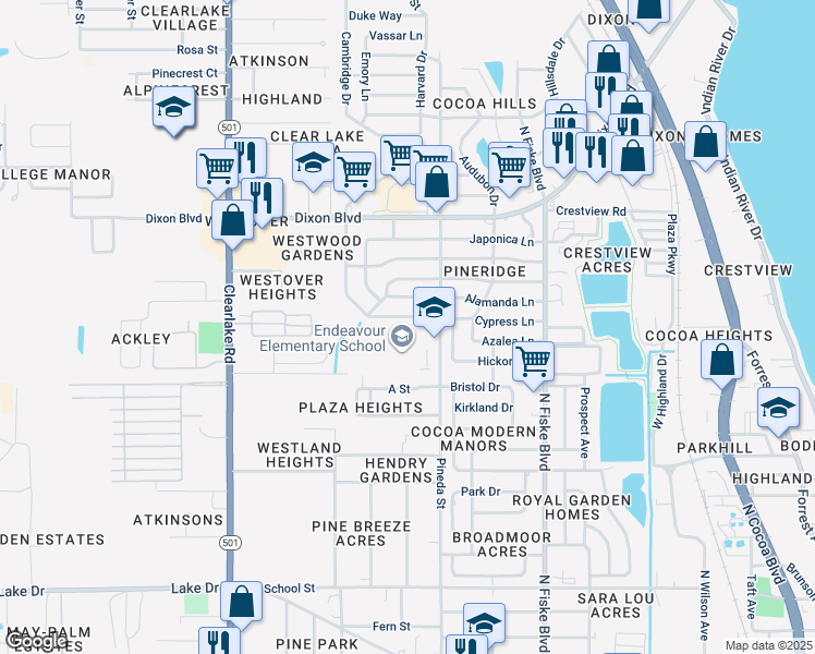 map of restaurants, bars, coffee shops, grocery stores, and more near 1209 Cypress Lane in Cocoa