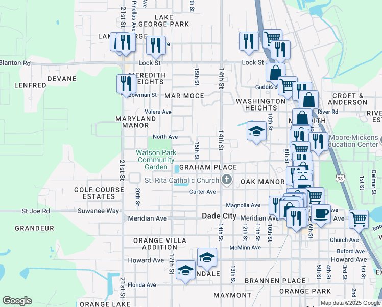 map of restaurants, bars, coffee shops, grocery stores, and more near 37313 Main Avenue in Dade City