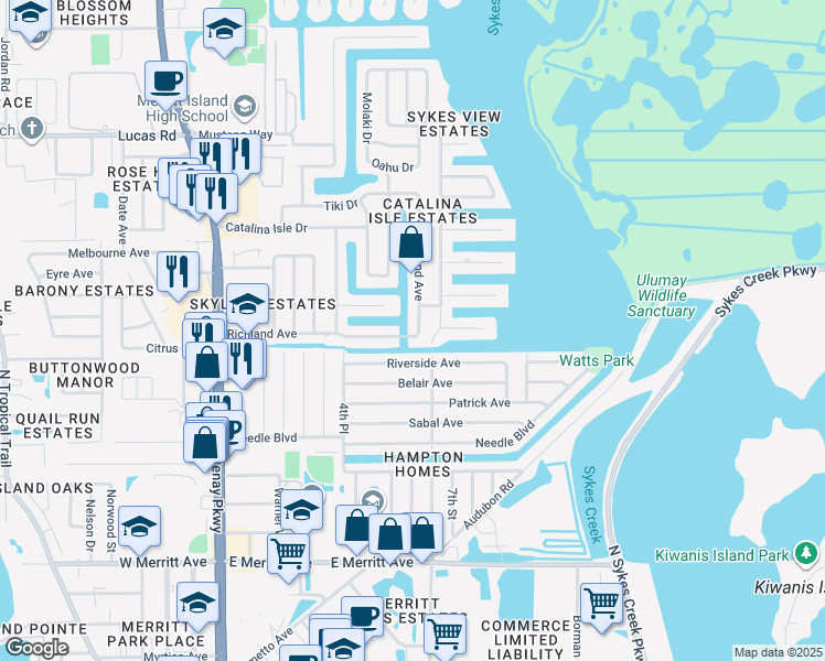 map of restaurants, bars, coffee shops, grocery stores, and more near 745 Richland Avenue in Merritt Island