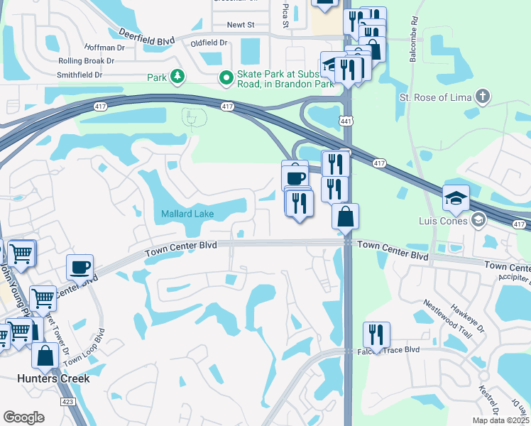 map of restaurants, bars, coffee shops, grocery stores, and more near 13532 Buckhorn Run Court in Orlando
