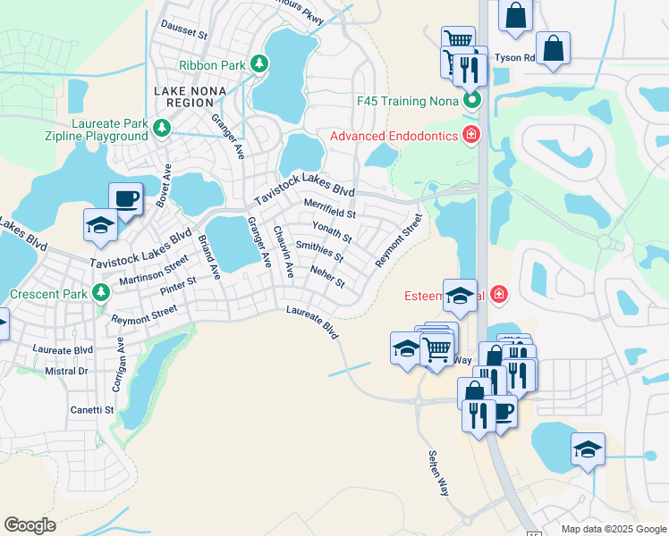 map of restaurants, bars, coffee shops, grocery stores, and more near Grunberg Avenue in Orlando