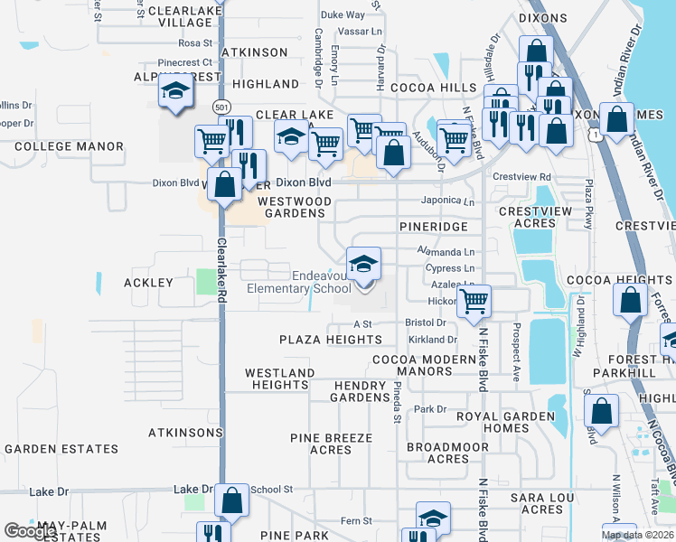 map of restaurants, bars, coffee shops, grocery stores, and more near 1221 Cypress Lane in Cocoa