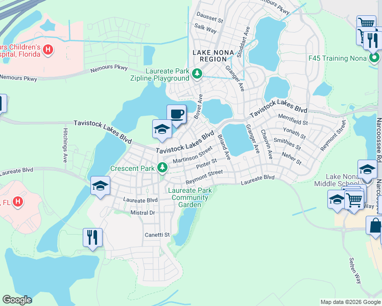 map of restaurants, bars, coffee shops, grocery stores, and more near 8514 Tavistock Lakes Boulevard in Orlando