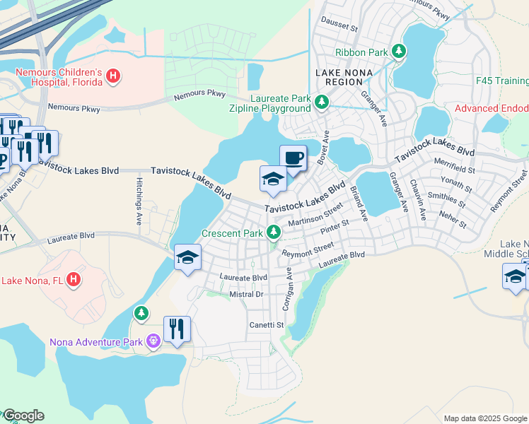 map of restaurants, bars, coffee shops, grocery stores, and more near 8230 Tavistock Lakes Boulevard in Orlando