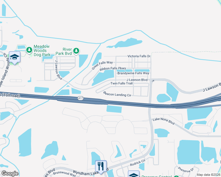 map of restaurants, bars, coffee shops, grocery stores, and more near 1972 Beacon Landing Circle in Orlando