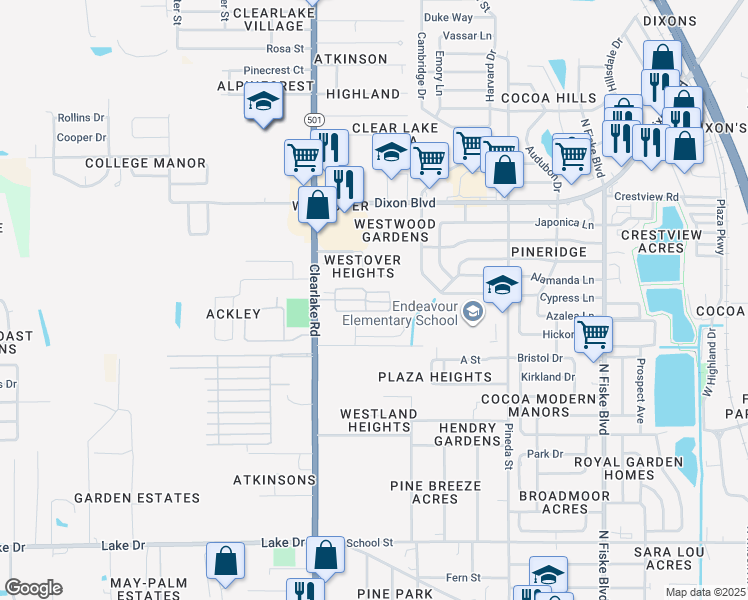 map of restaurants, bars, coffee shops, grocery stores, and more near 204b Tropical Court in Cocoa