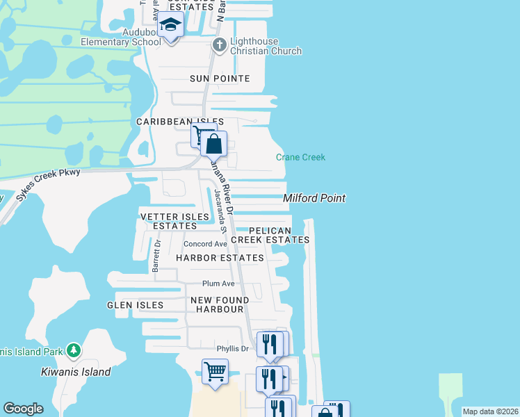 map of restaurants, bars, coffee shops, grocery stores, and more near 1675 Yates Drive in Merritt Island