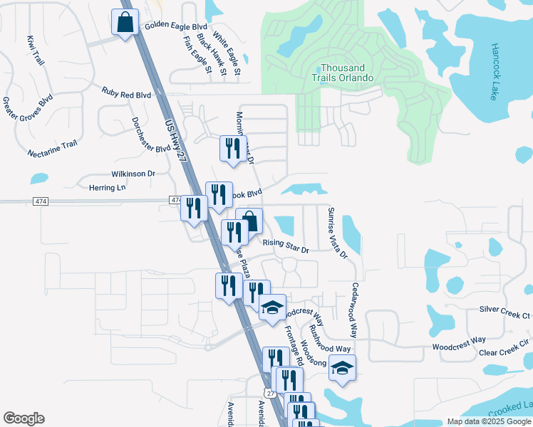 map of restaurants, bars, coffee shops, grocery stores, and more near 1528 Morning Star Drive in Clermont