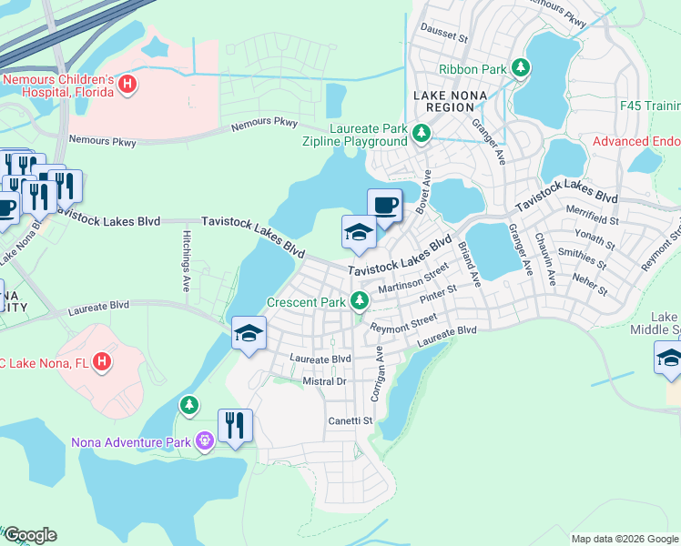 map of restaurants, bars, coffee shops, grocery stores, and more near 8230 Tavistock Lakes Boulevard in Orlando