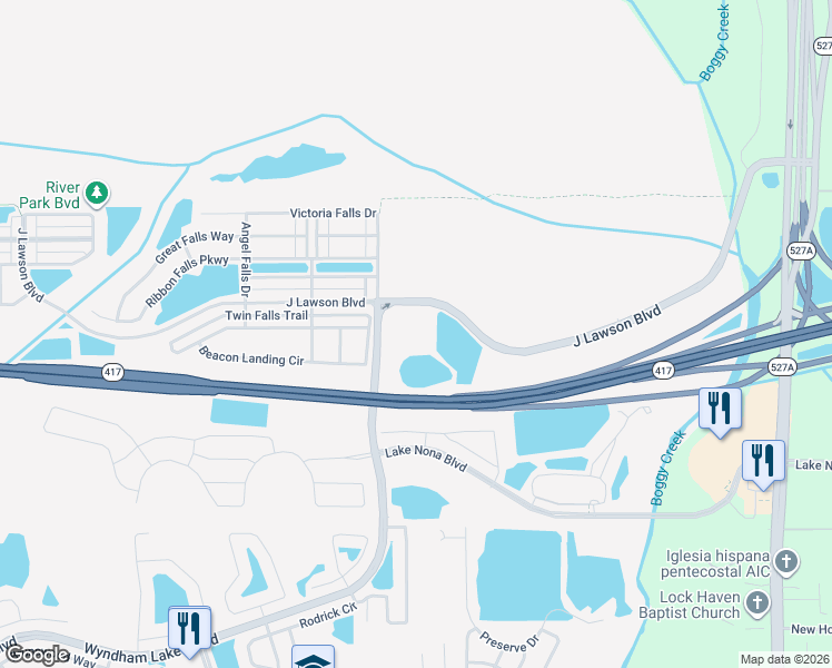 map of restaurants, bars, coffee shops, grocery stores, and more near 2272 J Lawson Boulevard in Orlando