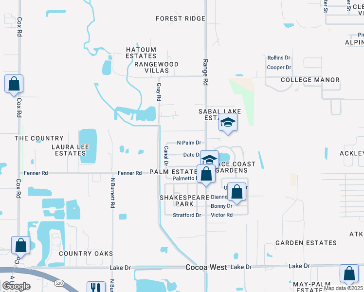 map of restaurants, bars, coffee shops, grocery stores, and more near 2535 North Palm Drive in Cocoa