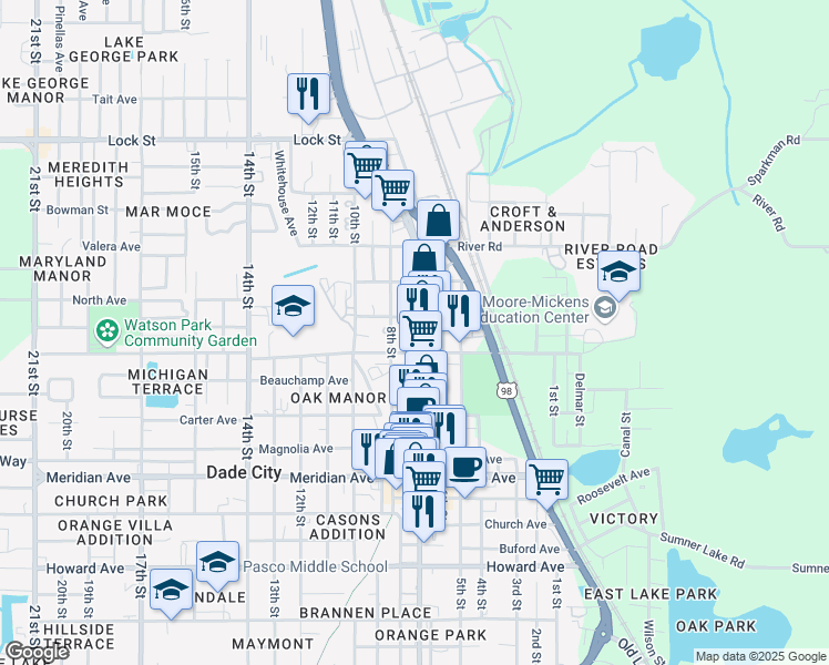 map of restaurants, bars, coffee shops, grocery stores, and more near 14531 7th Street in Dade City